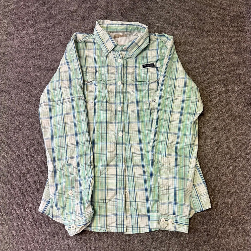 Columbia Shirt Womens Size S Green Blue Plaid PFG Vented Long Sleeve Outdoor